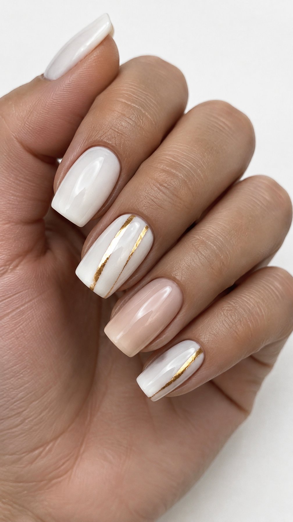 Glossy white nails decorated with thin gold stripes