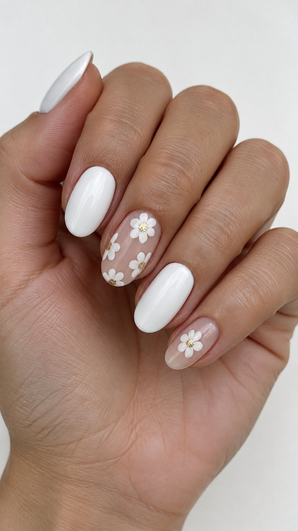 Glossy white and gold floral manicure