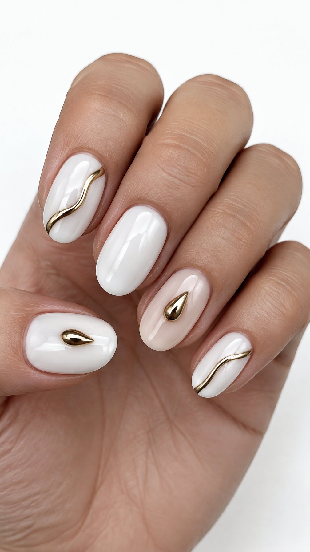 Glossy white nails decorated with small gold drop designs
