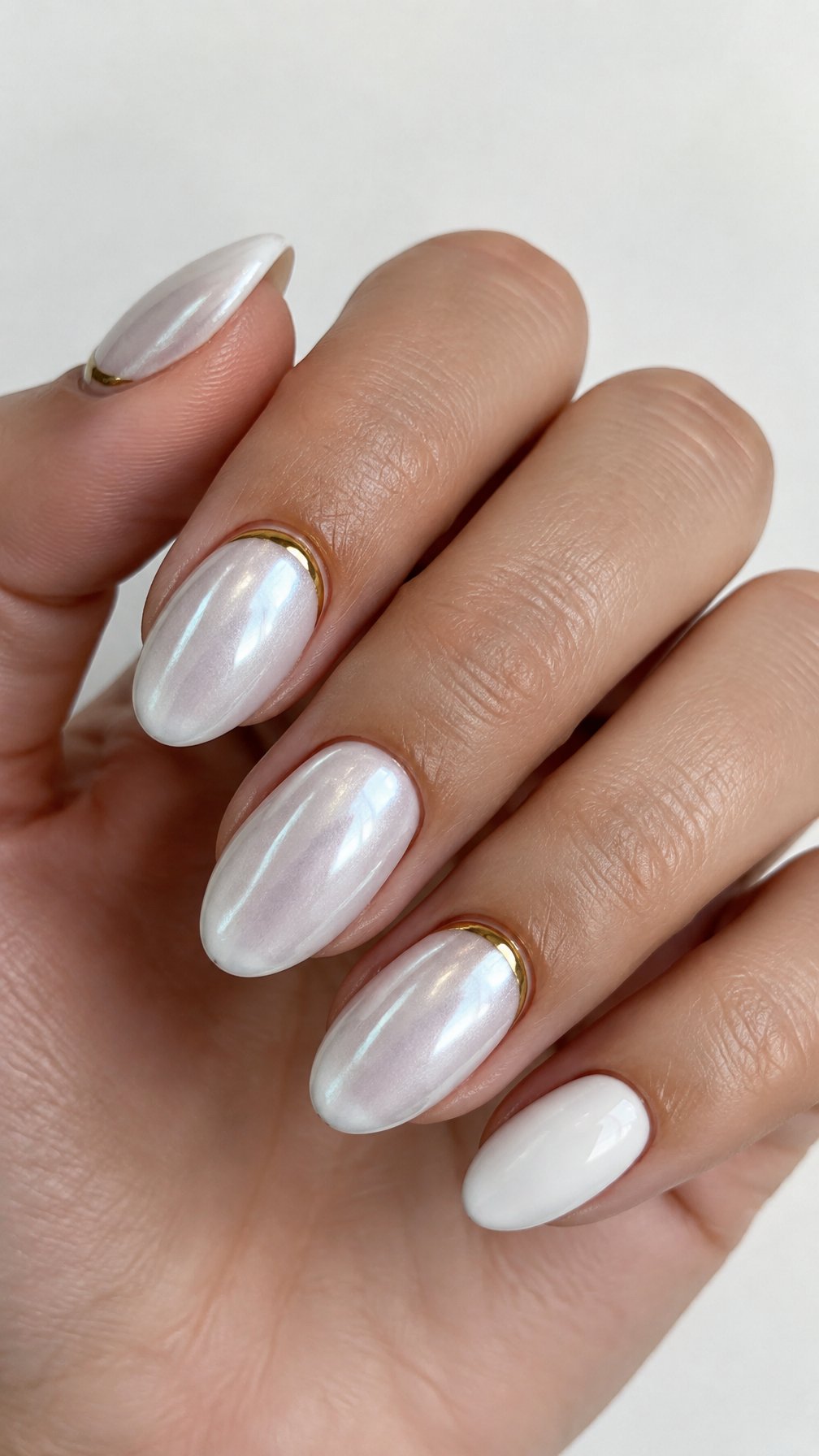 Glossy white nails accented by gold arcs near the cuticles