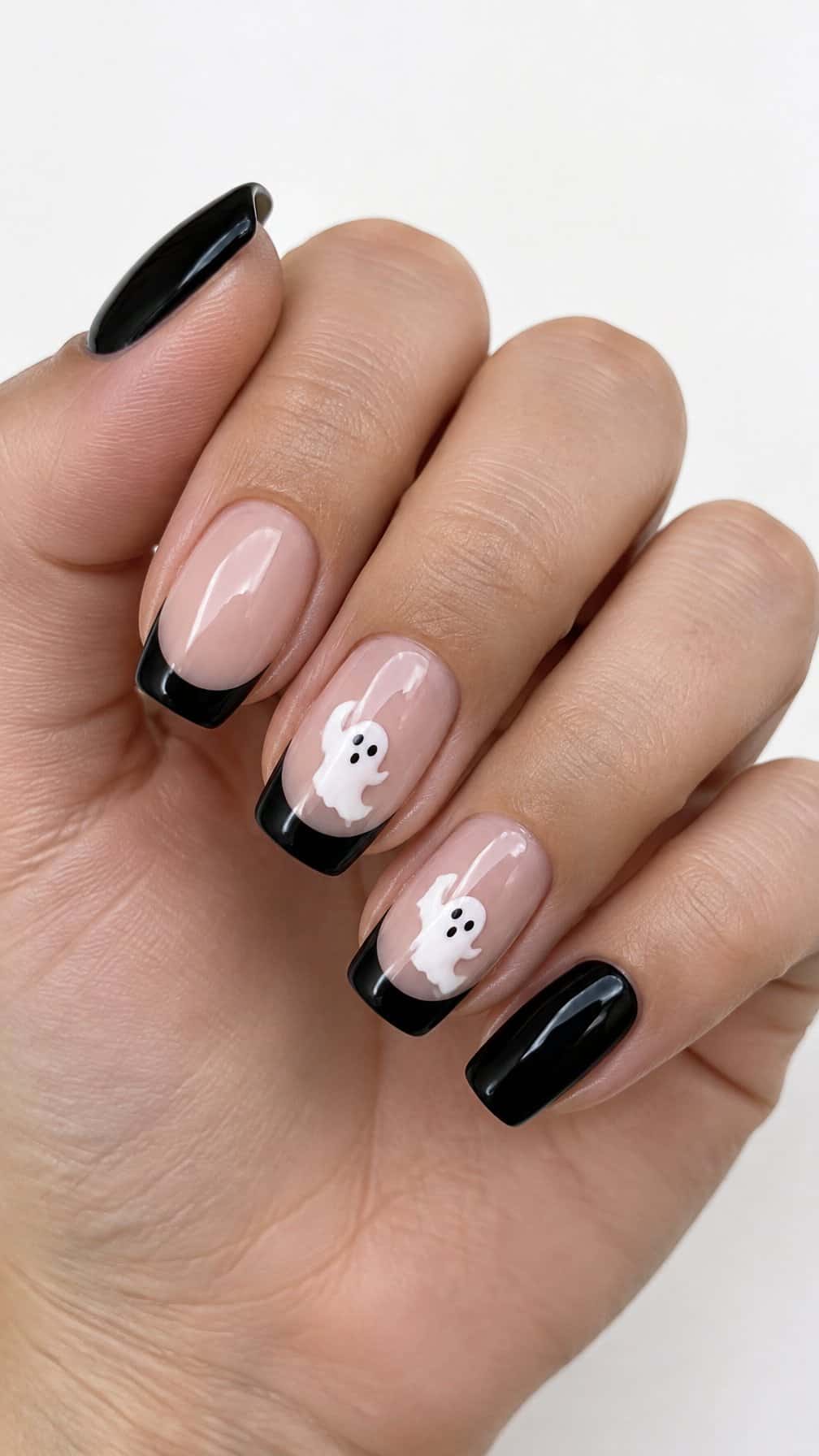 Glossy black French-tip nails and small white ghost designs rests