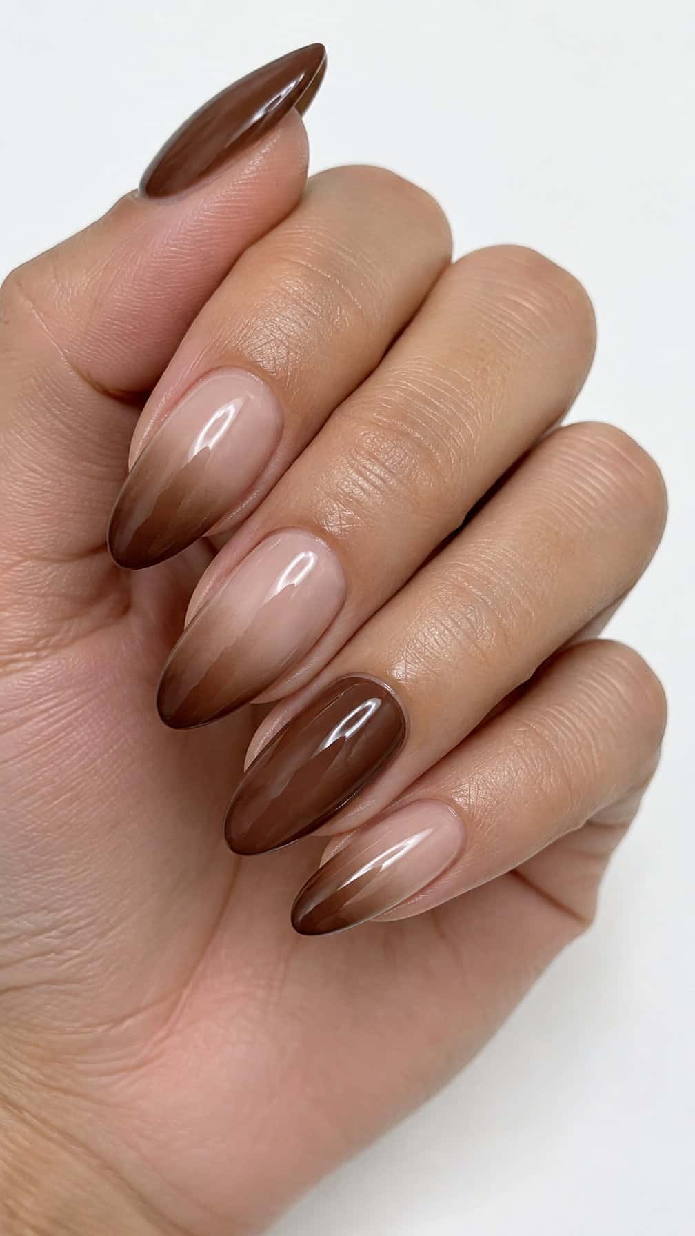 Glossy cocoa brown ombre French manicure nails