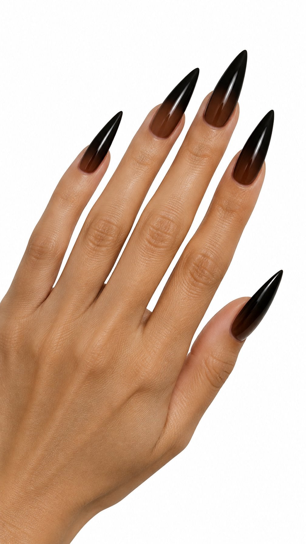 Long pointed nails featuring a glossy brown-to-black gradient