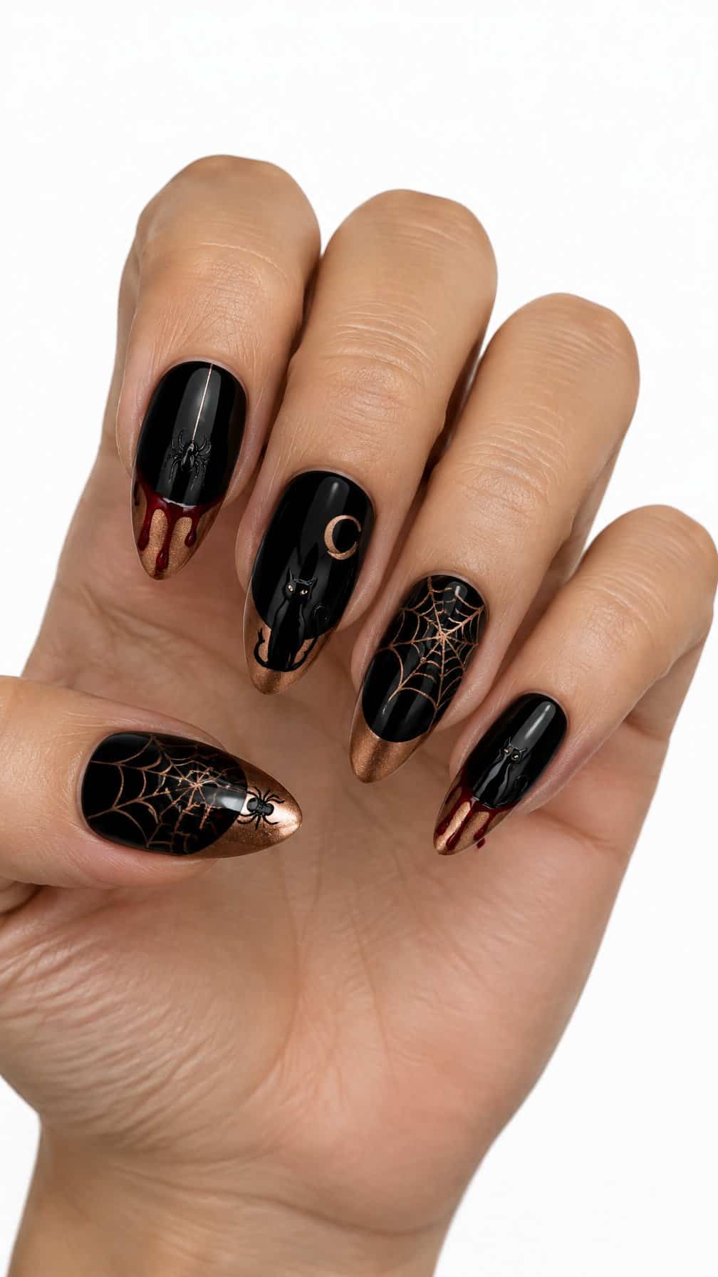 Black nails featuring copper French tips, red drips, spiders, webs, and black cat designs