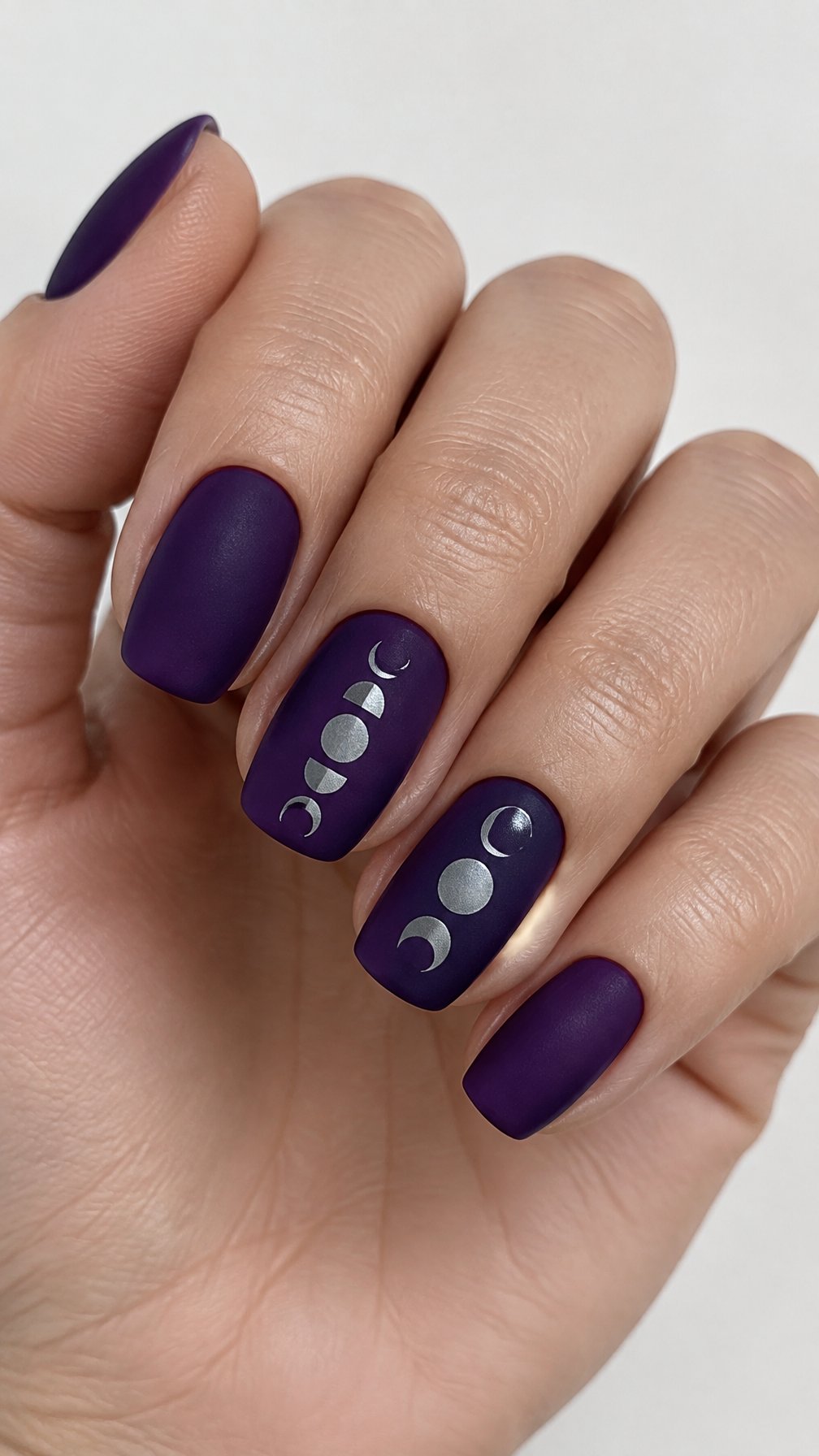 Deep purple nails, including silver crescent moon designs on several nails