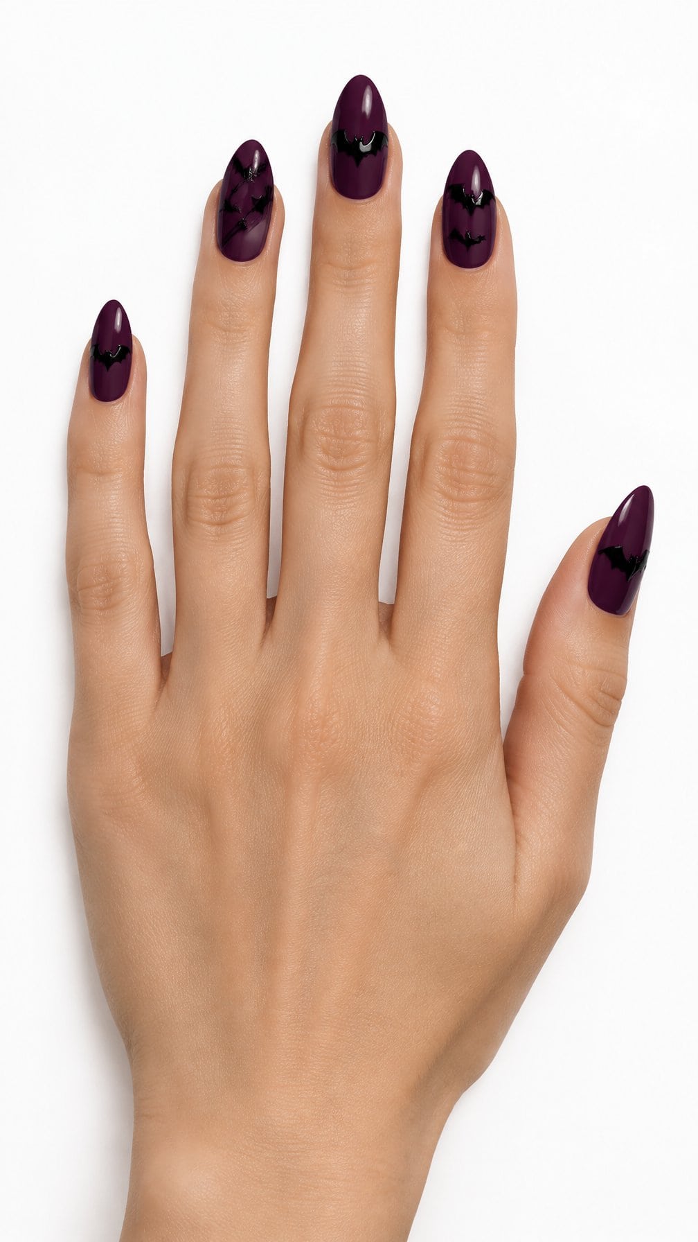 Deep plum nails decorated with glossy black bat designs