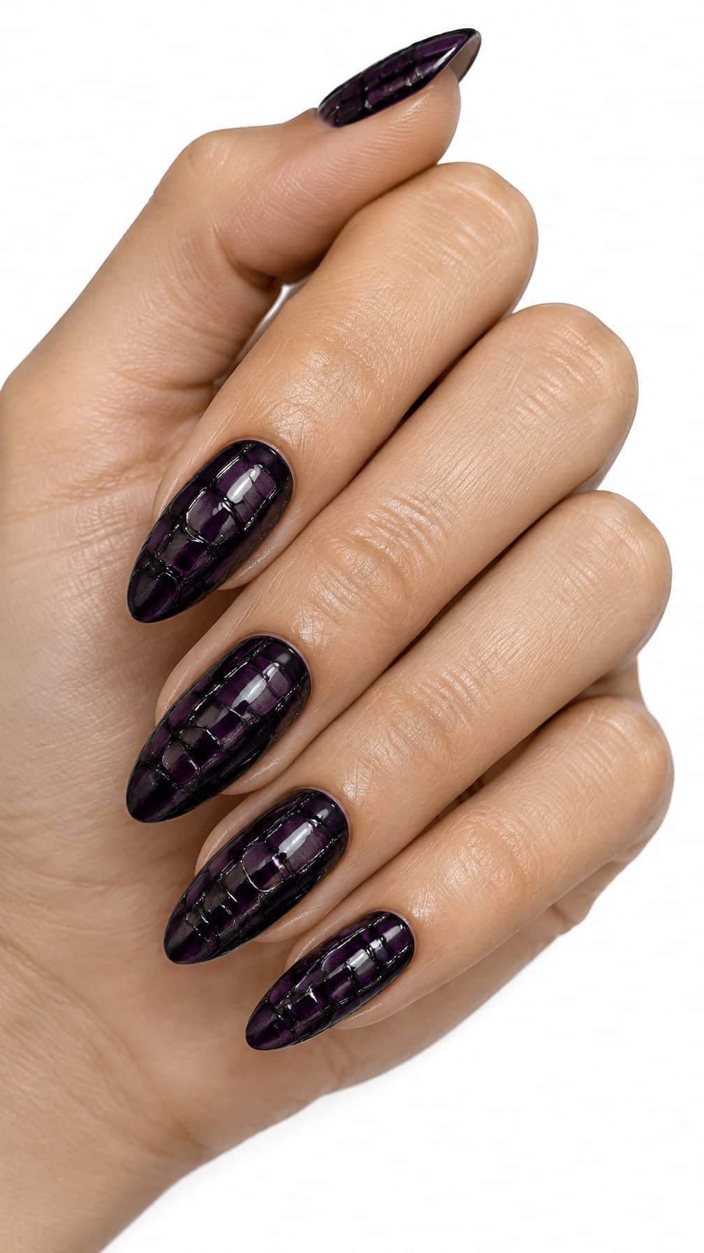 Glossy deep purple crocodile-textured Halloween nail art
