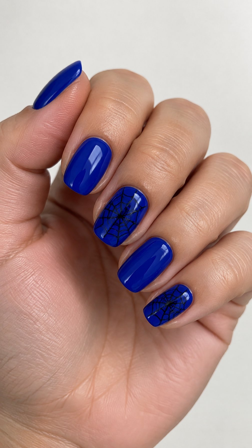 Glossy cobalt blue nails, including black spiderweb designs on several nails