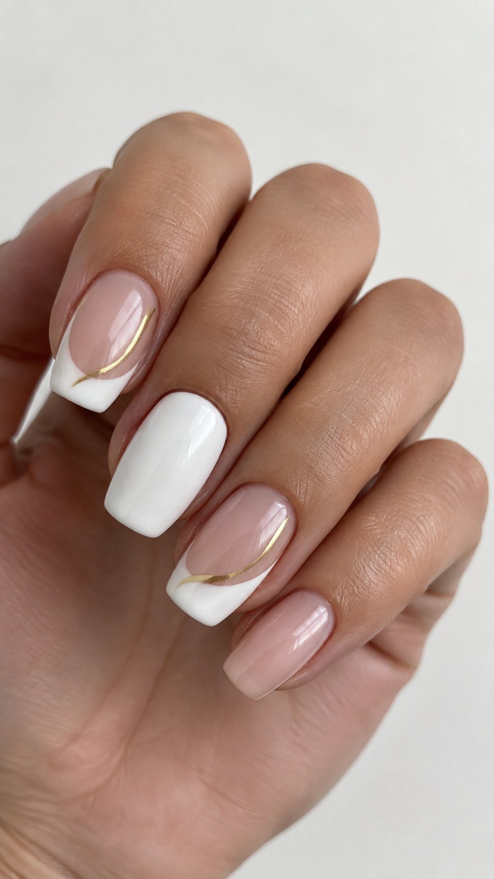 A glossy white and gold manicure