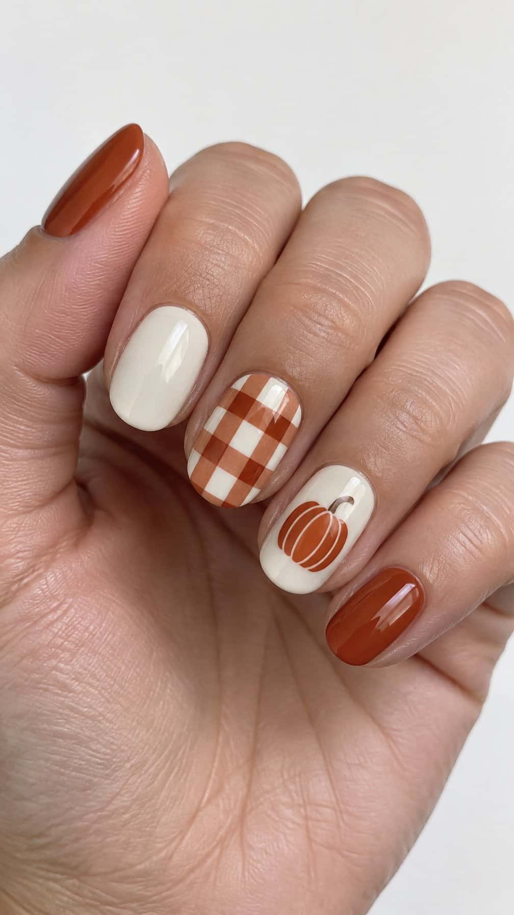 Glossy rust, cream, gingham, and pumpkin-patterned gel nails