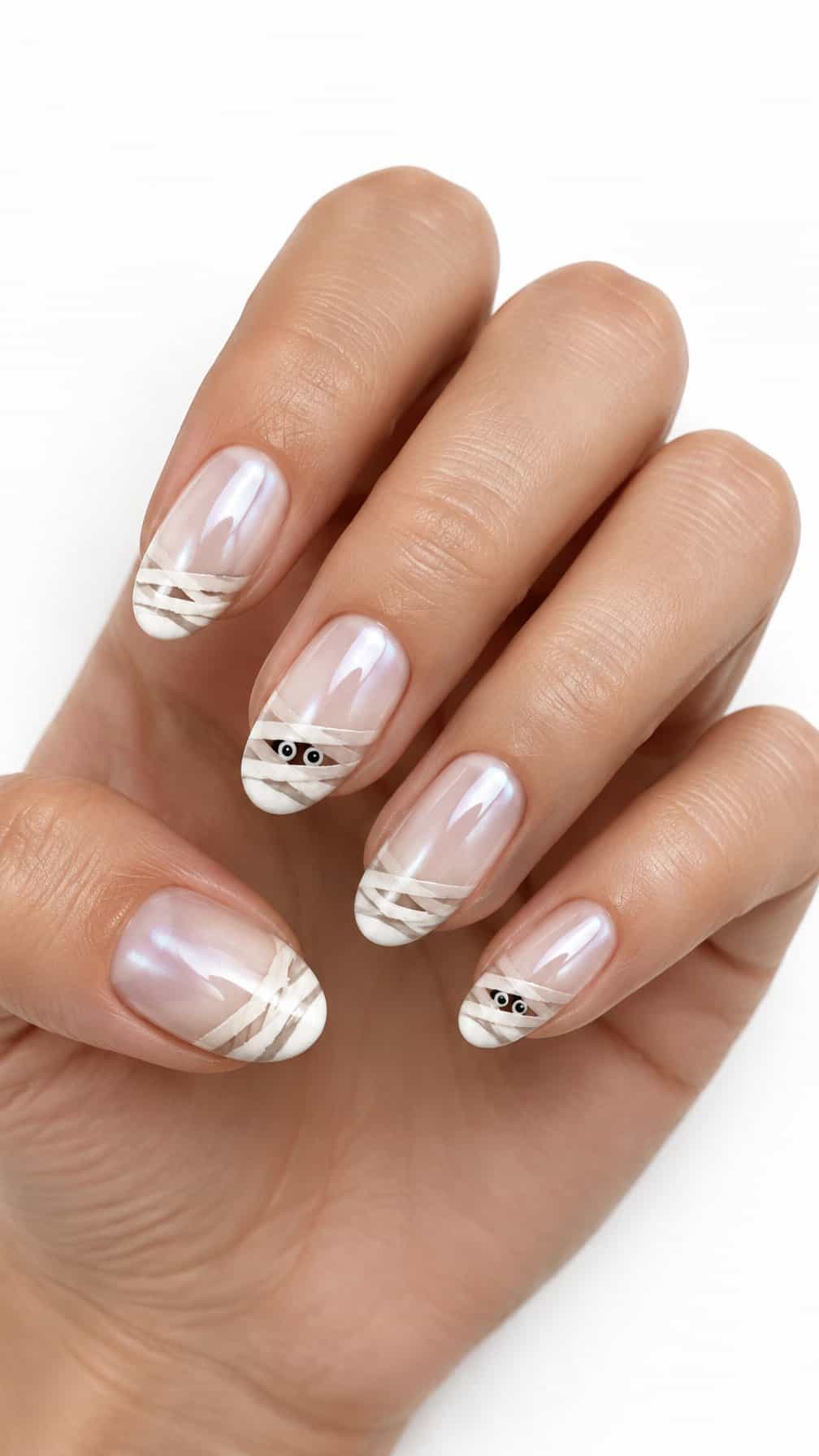 Glossy ivory French-tip nails decorated with tiny mummy eyes