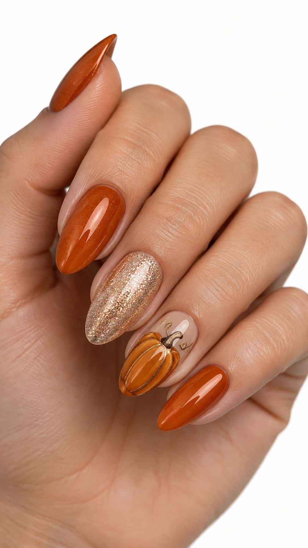 Pumpkin-orange, champagne-glitter, and pumpkin-accented manicured nails