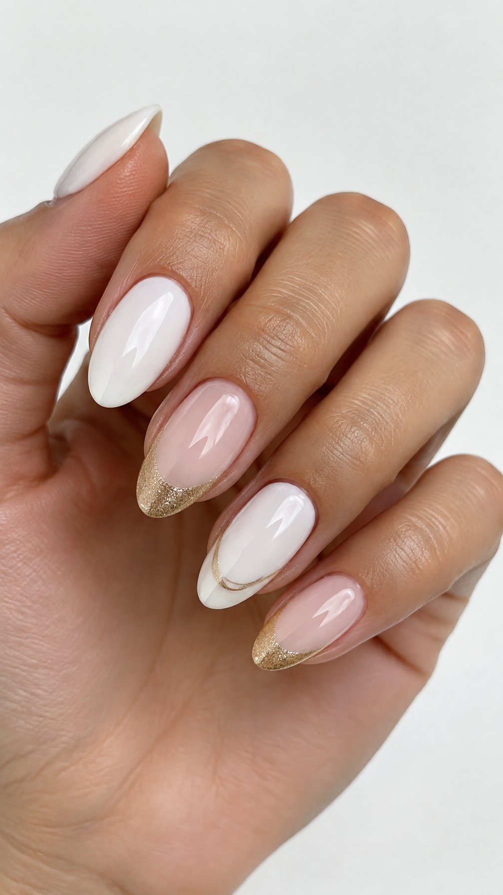 Glossy white nails and champagne-gold glitter French tips