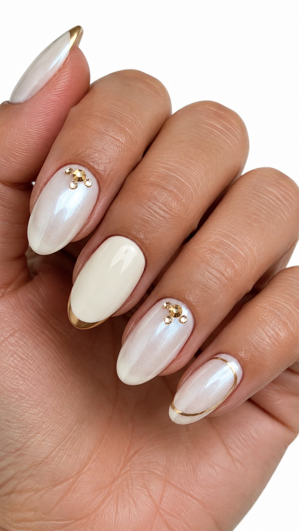 Glossy pearl-white nails, gold accents, and small gold rhinestone clusters