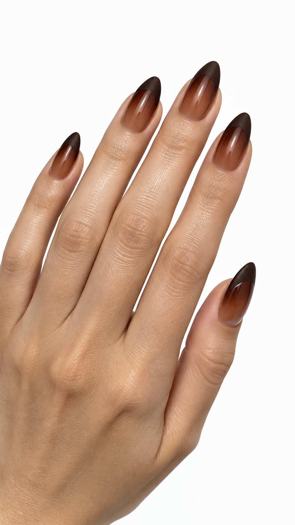 Almond-shaped brown ombre nails featuring glossy transitions and matte tips