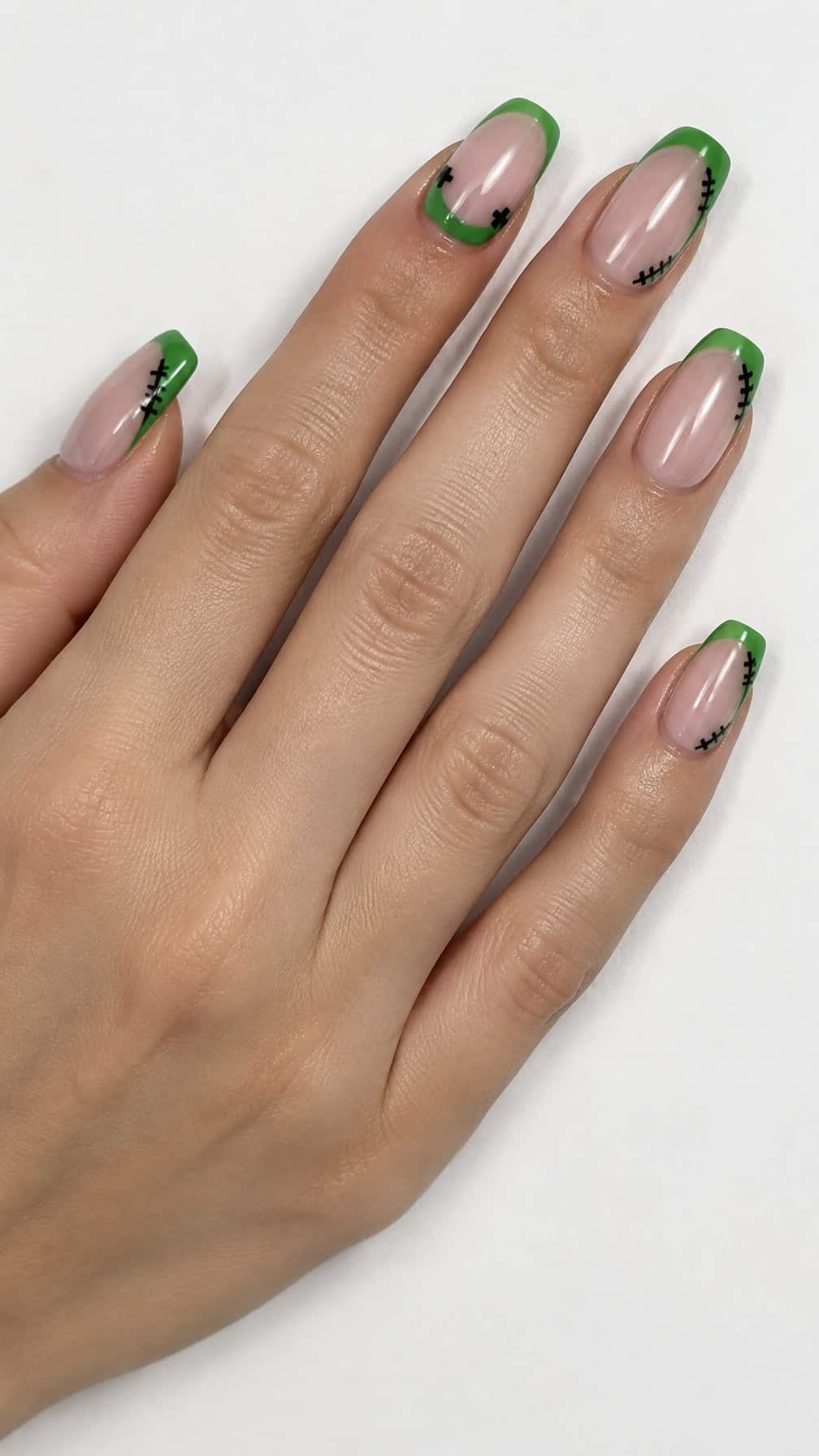 Glossy green French-tip nails decorated with small black Frankenstein-style bolt details