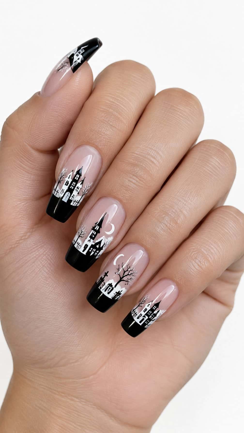 Glossy black French-tip nails decorated with white haunted house silhouettes