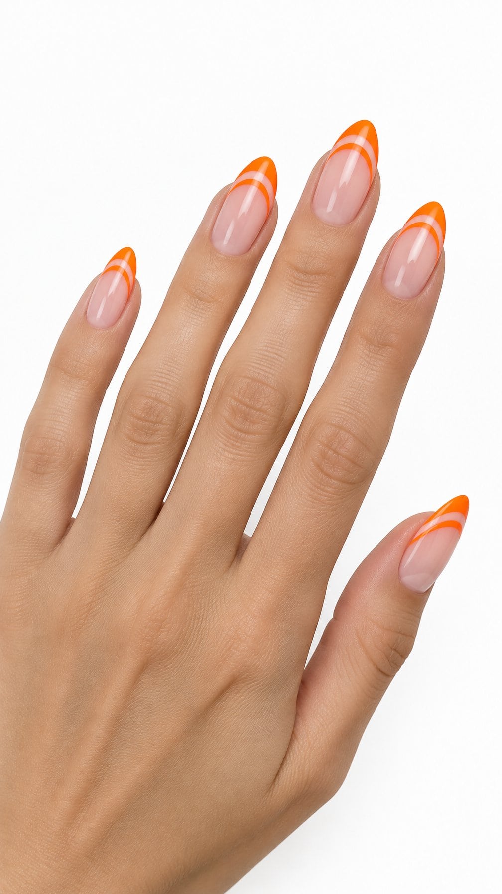 Glossy nails decorated with bright orange double French tips