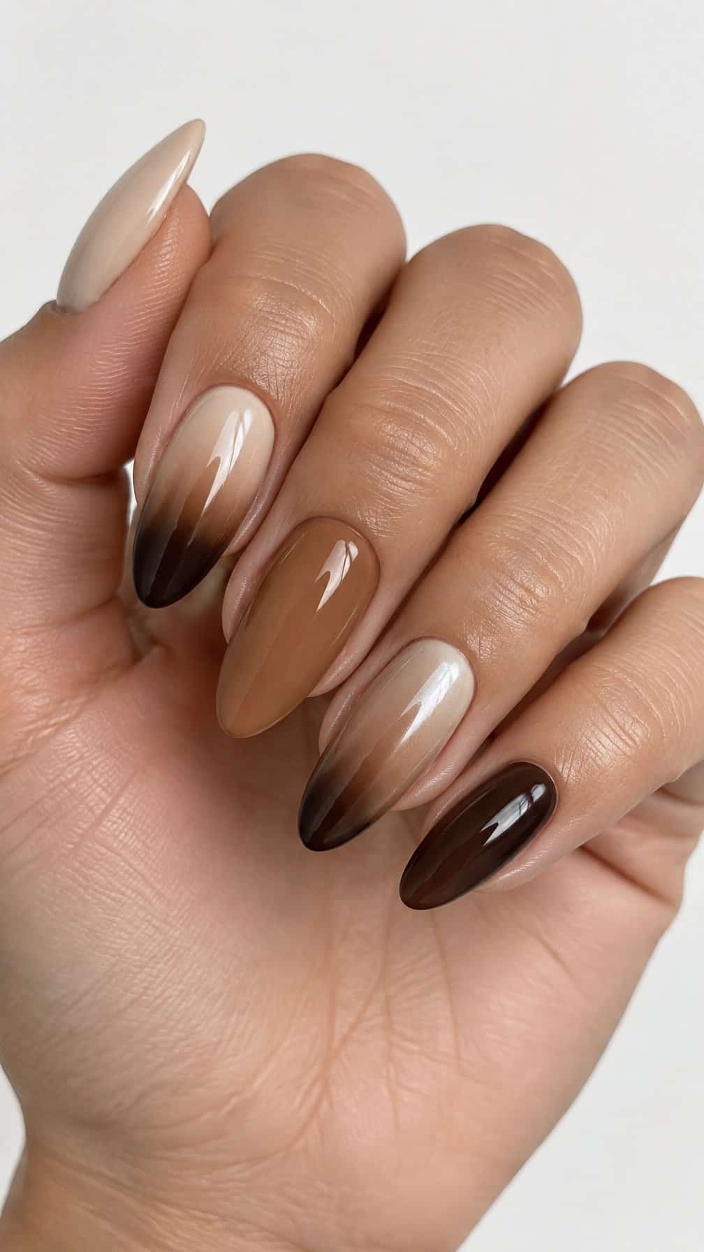 Glossy brown ombre and white chrome gel nails