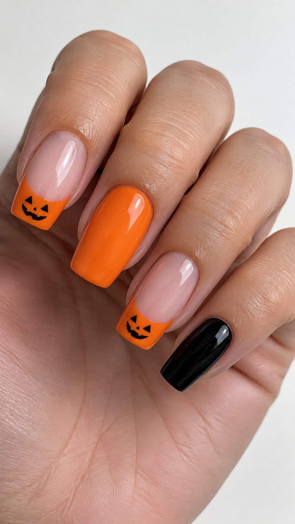 Glossy orange and black Halloween-themed French tip nails