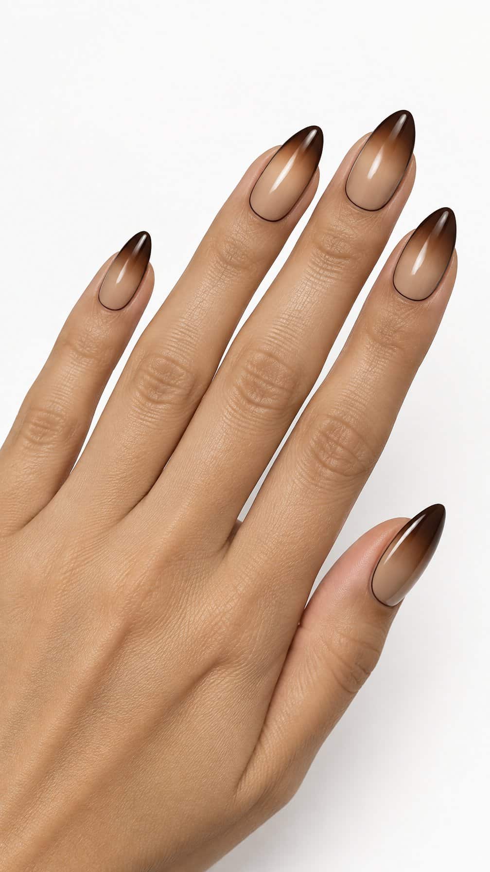 Almond-shaped nails featuring a beige-to-brown gradient and thin dark brown outlines
