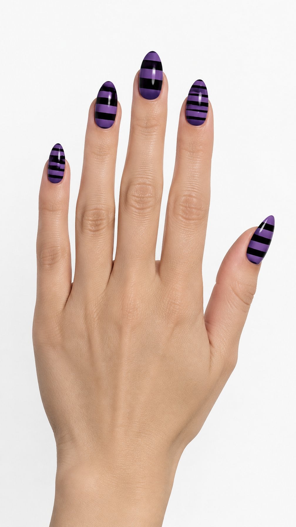 Glossy lavender nails decorated with black horizontal stripes rests