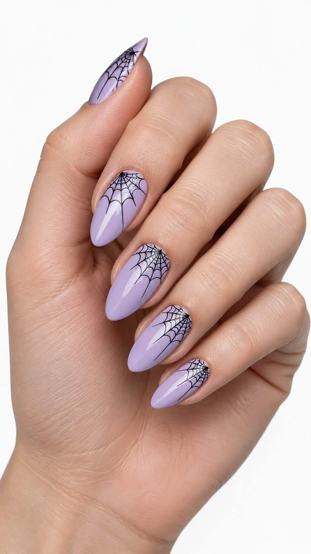 Lavender nails decorated with delicate black spider web designs