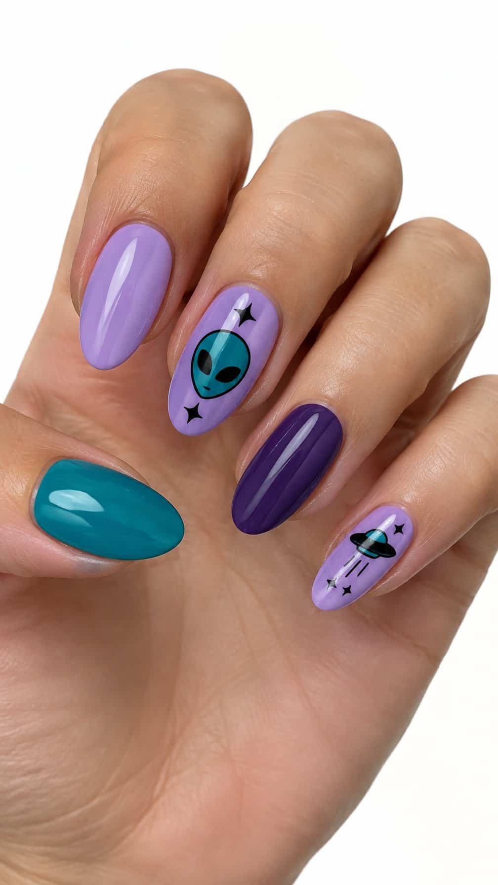 Glossy lilac, teal, and purple alien-themed manicure designs