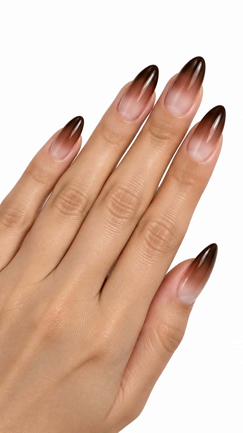 Almond-shaped nails with a smooth mahogany-to-nude gradient
