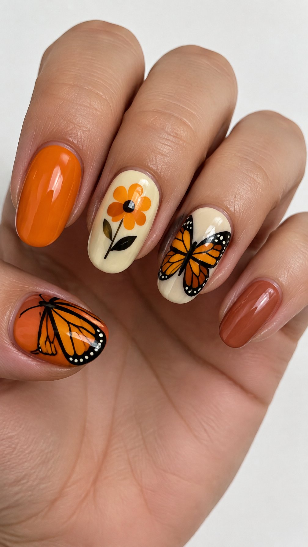 Glossy orange, ivory, and terracotta nails decorated with monarch butterflies and marigold flowers
