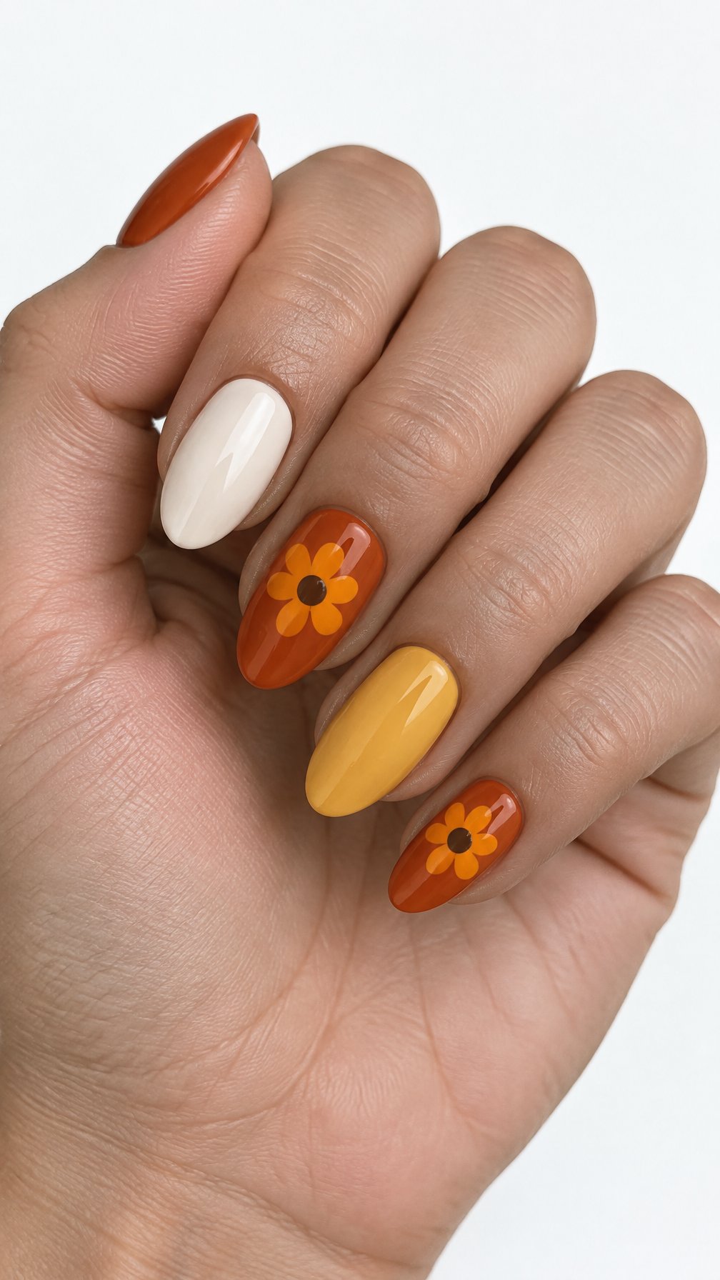 Glossy orange, yellow, and ivory nails, including simple marigold flower accents