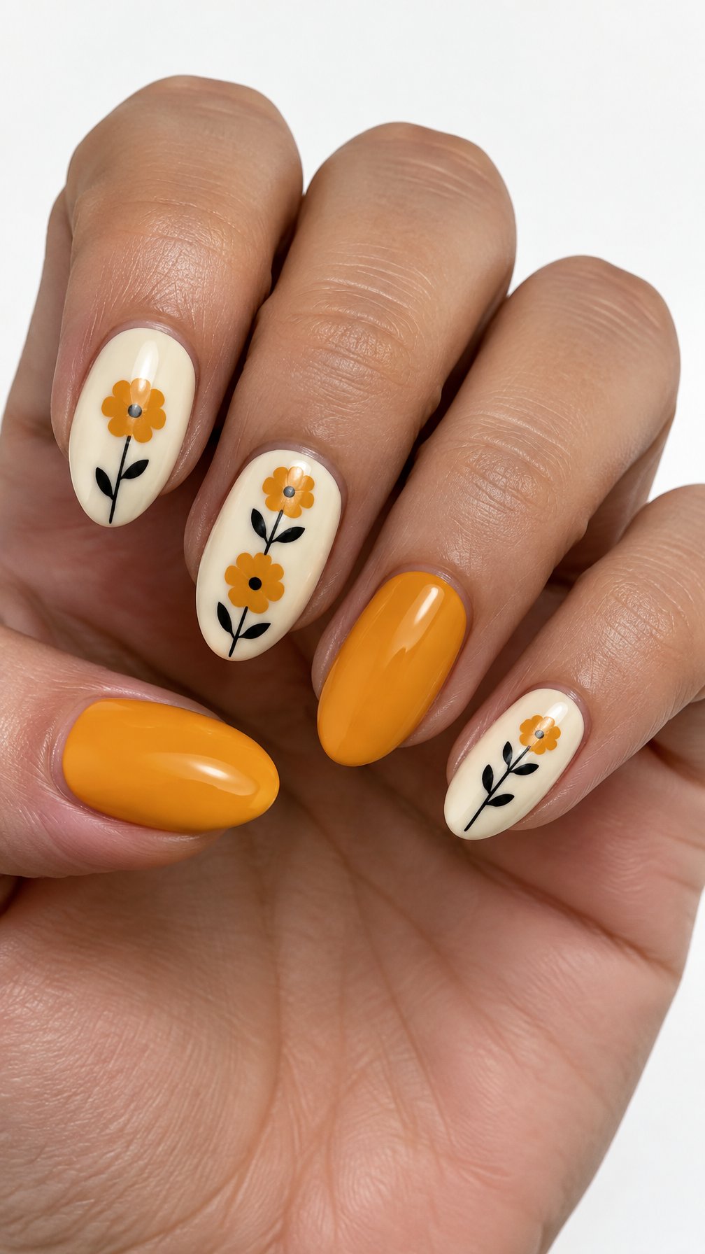 Glossy marigold and ivory floral nail art