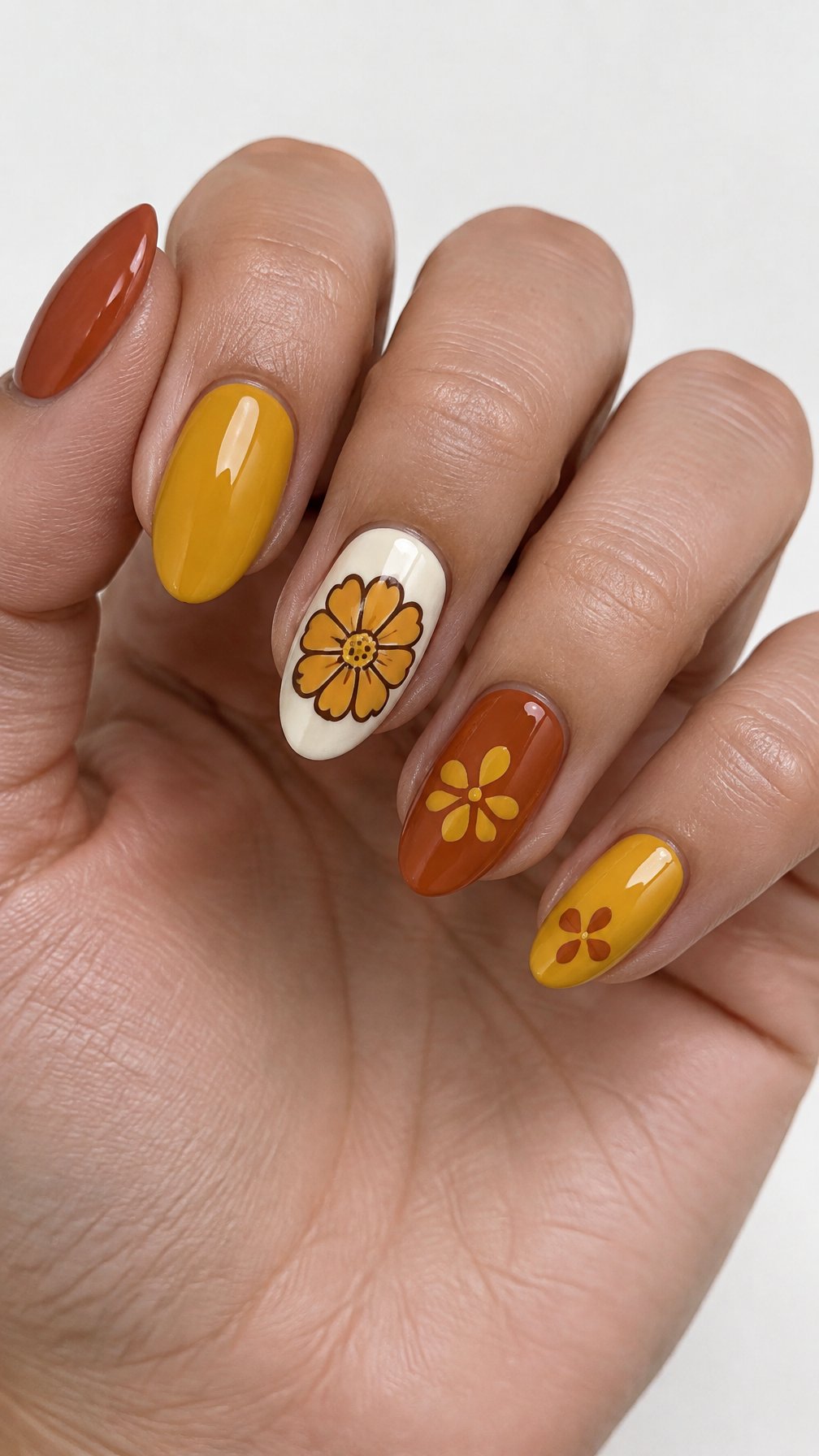 Glossy terracotta and mustard yellow floral nail designs