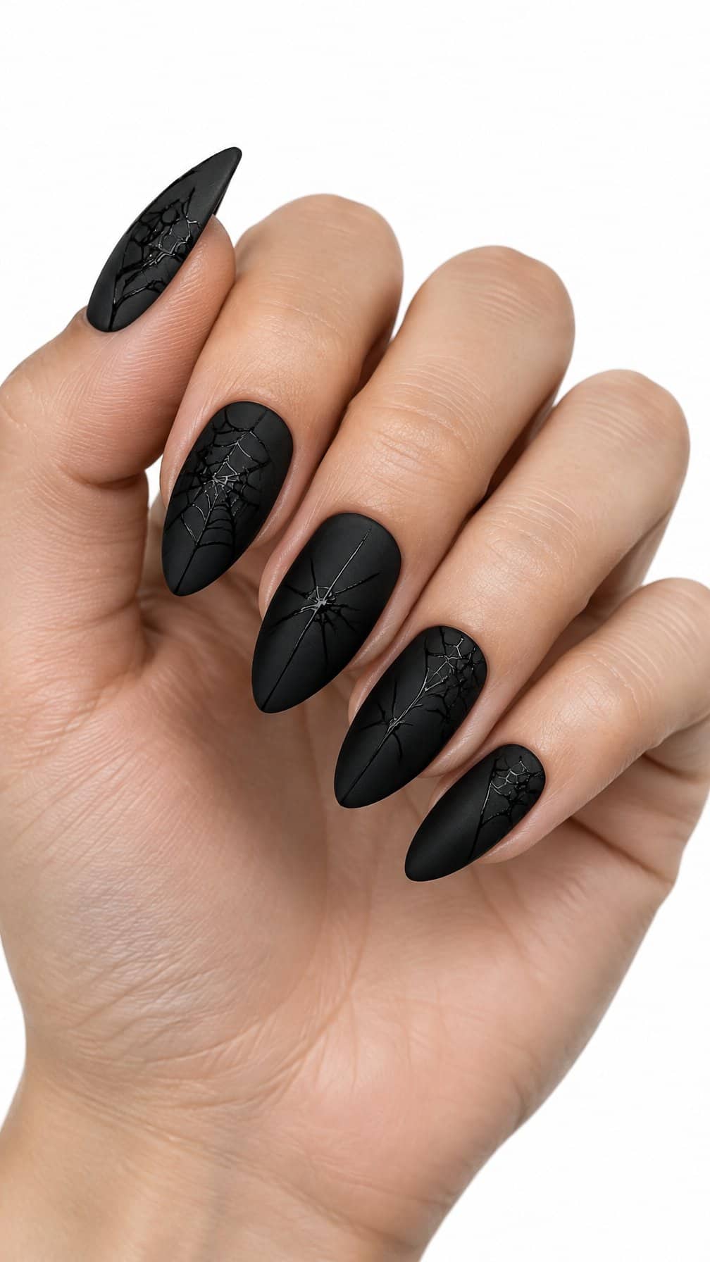 Matte black nails decorated with delicate glossy spider webs