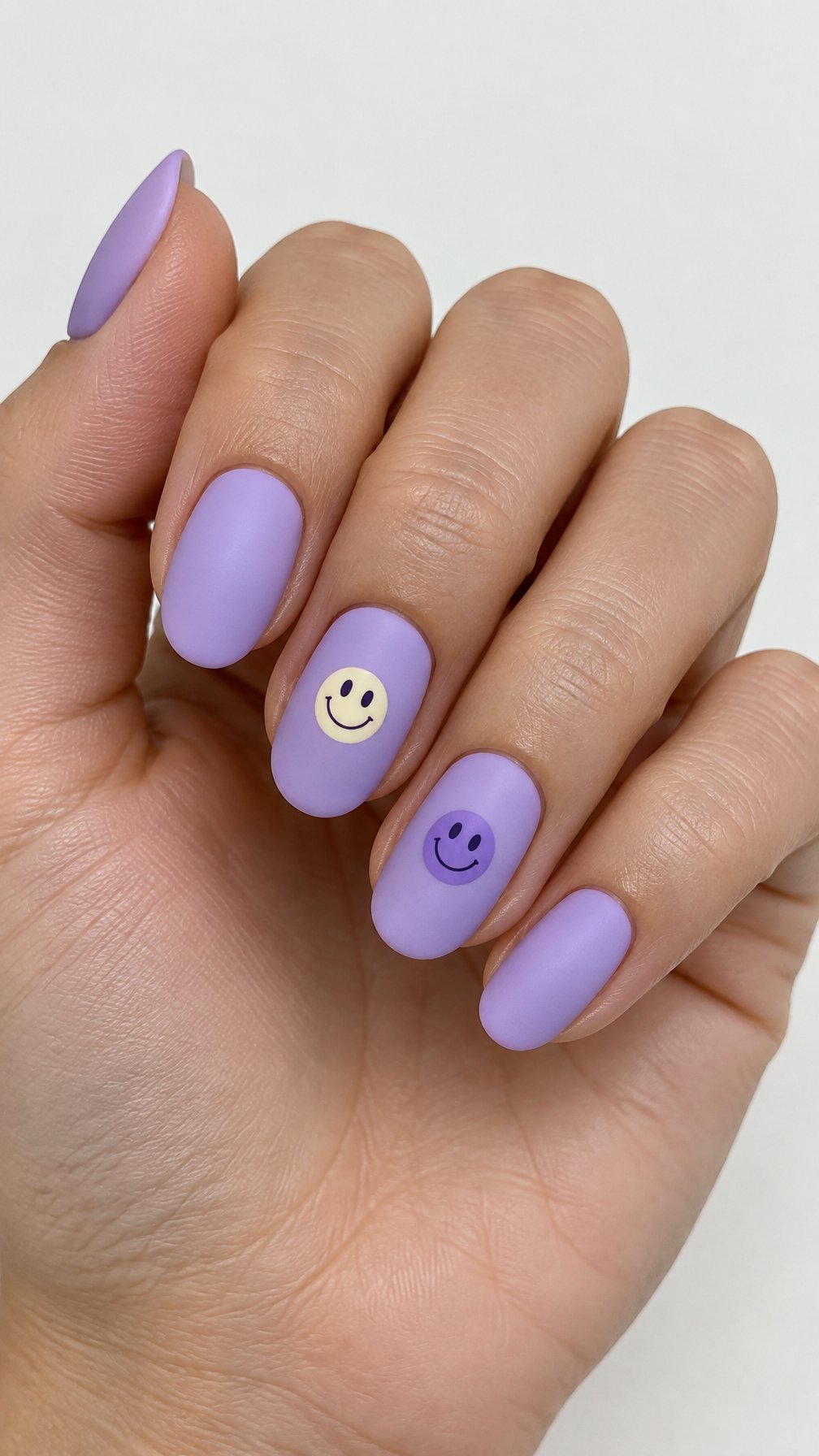 Matte lilac nails and small smiley face designs on a few accent nails
