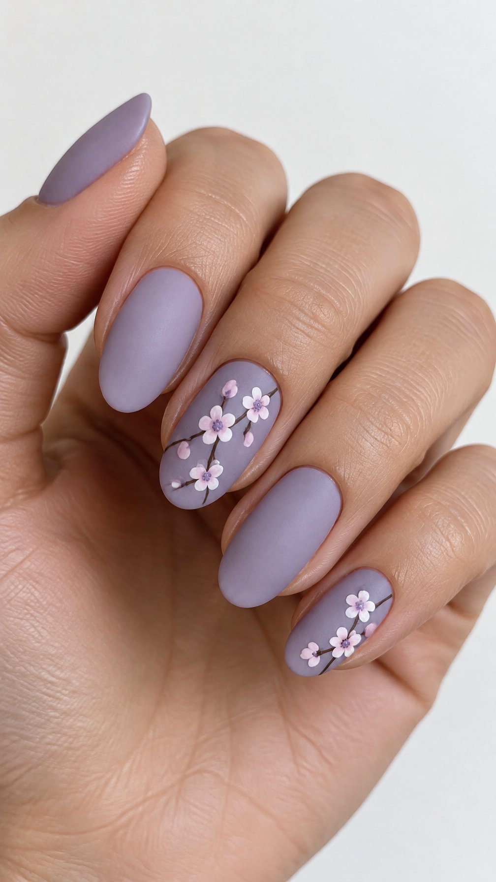 Lavender purple nails decorated with small cherry blossom branches