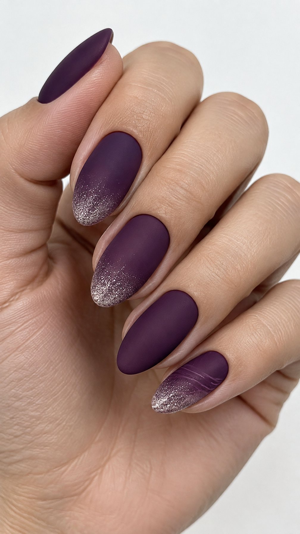 Plum purple manicure and subtle glitter-tipped accent nails
