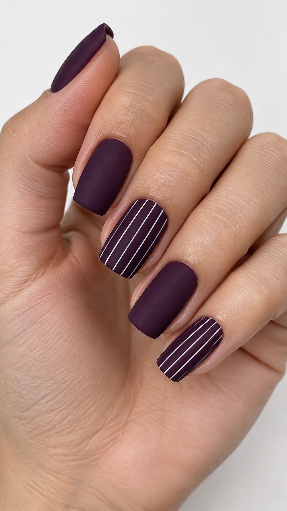 Deep plum nails, including white vertical stripes on several nails