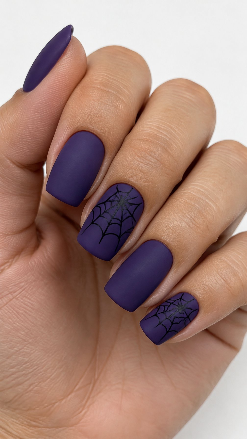 Deep purple gel nails, including black spiderweb designs on several nails