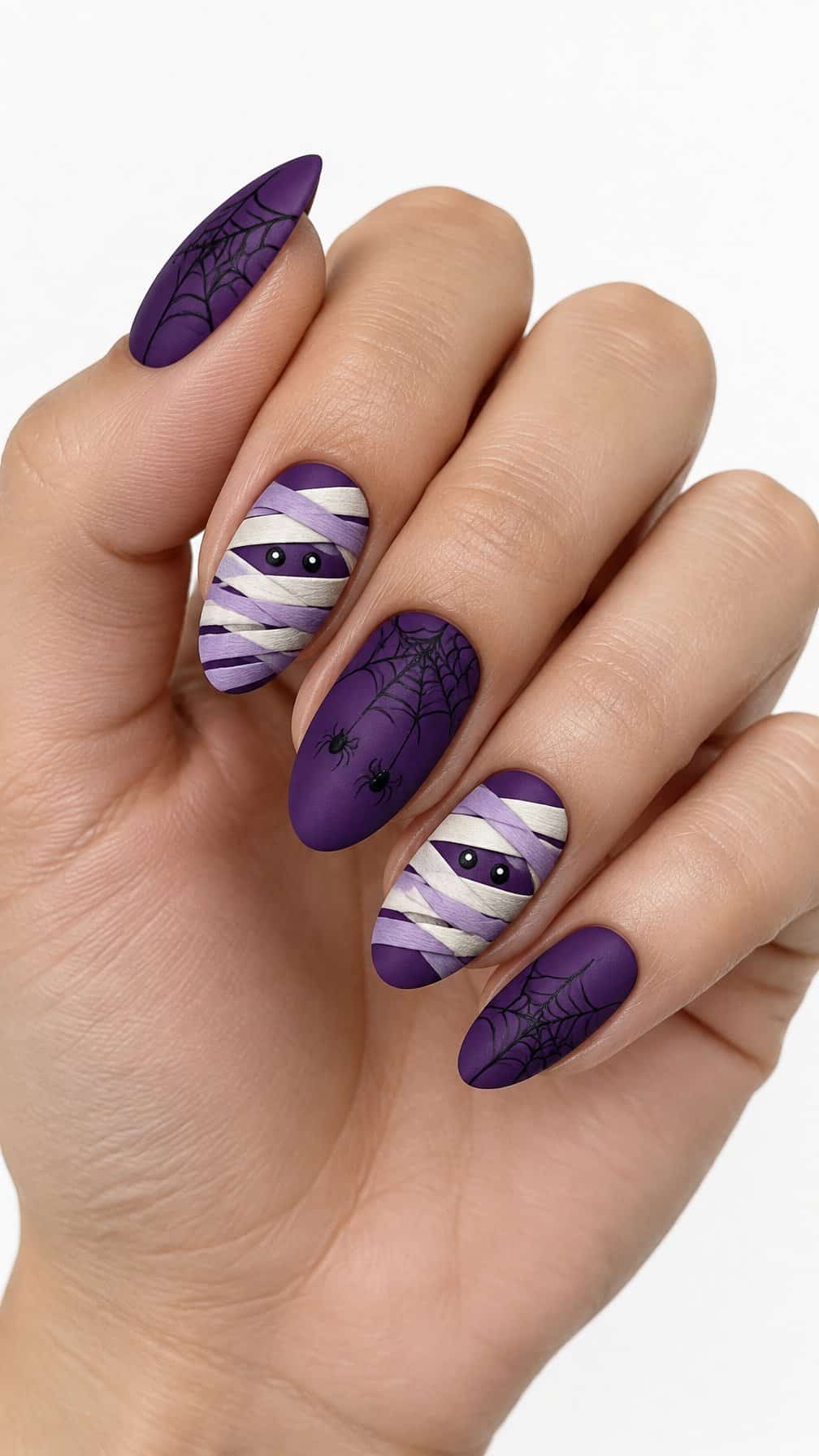 Matte purple Halloween nails featuring spiderwebs, a small spider, and mummy-wrap designs