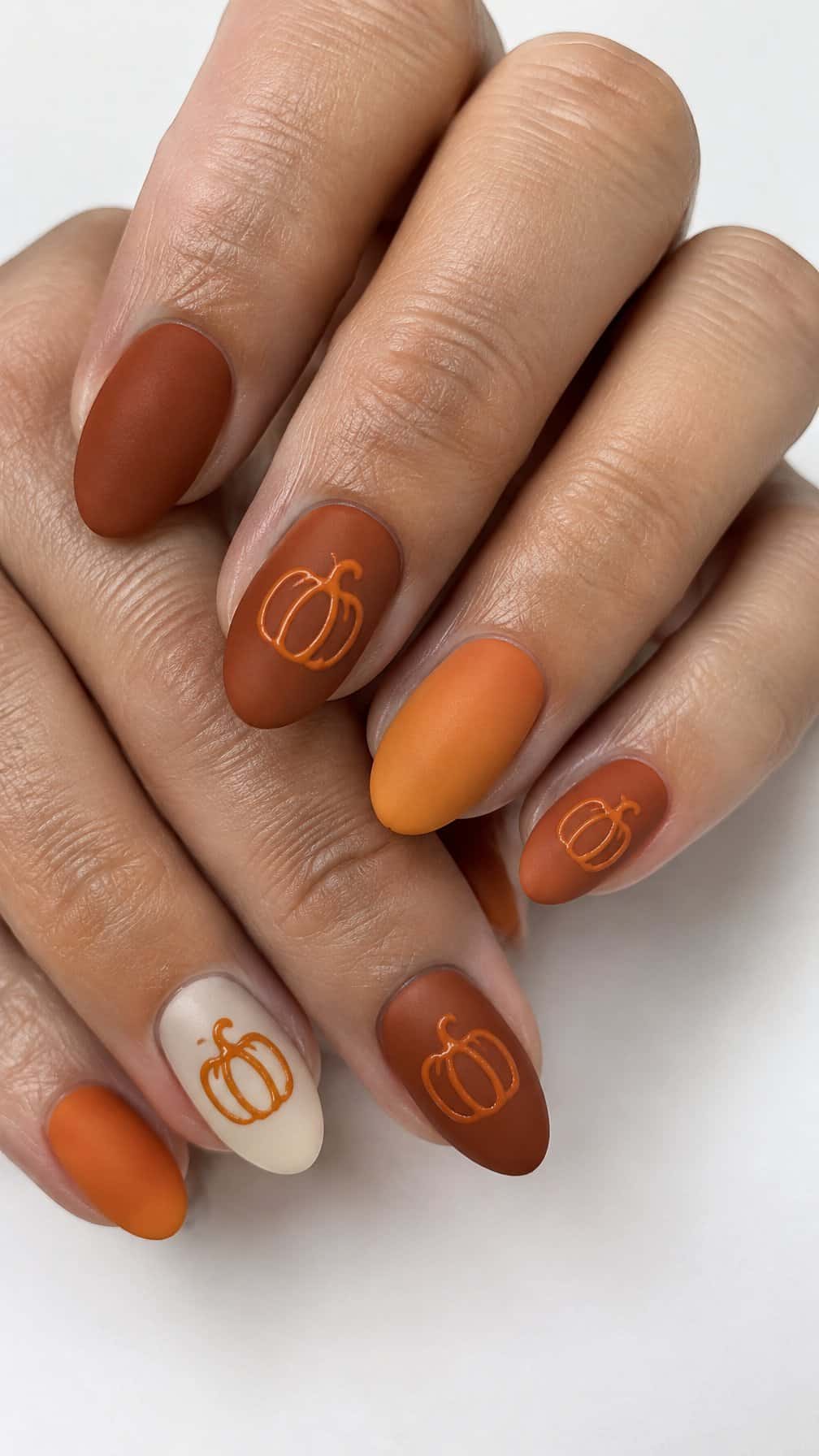 Matte rust-colored nails and glossy pumpkin outlines on a few accent nails
