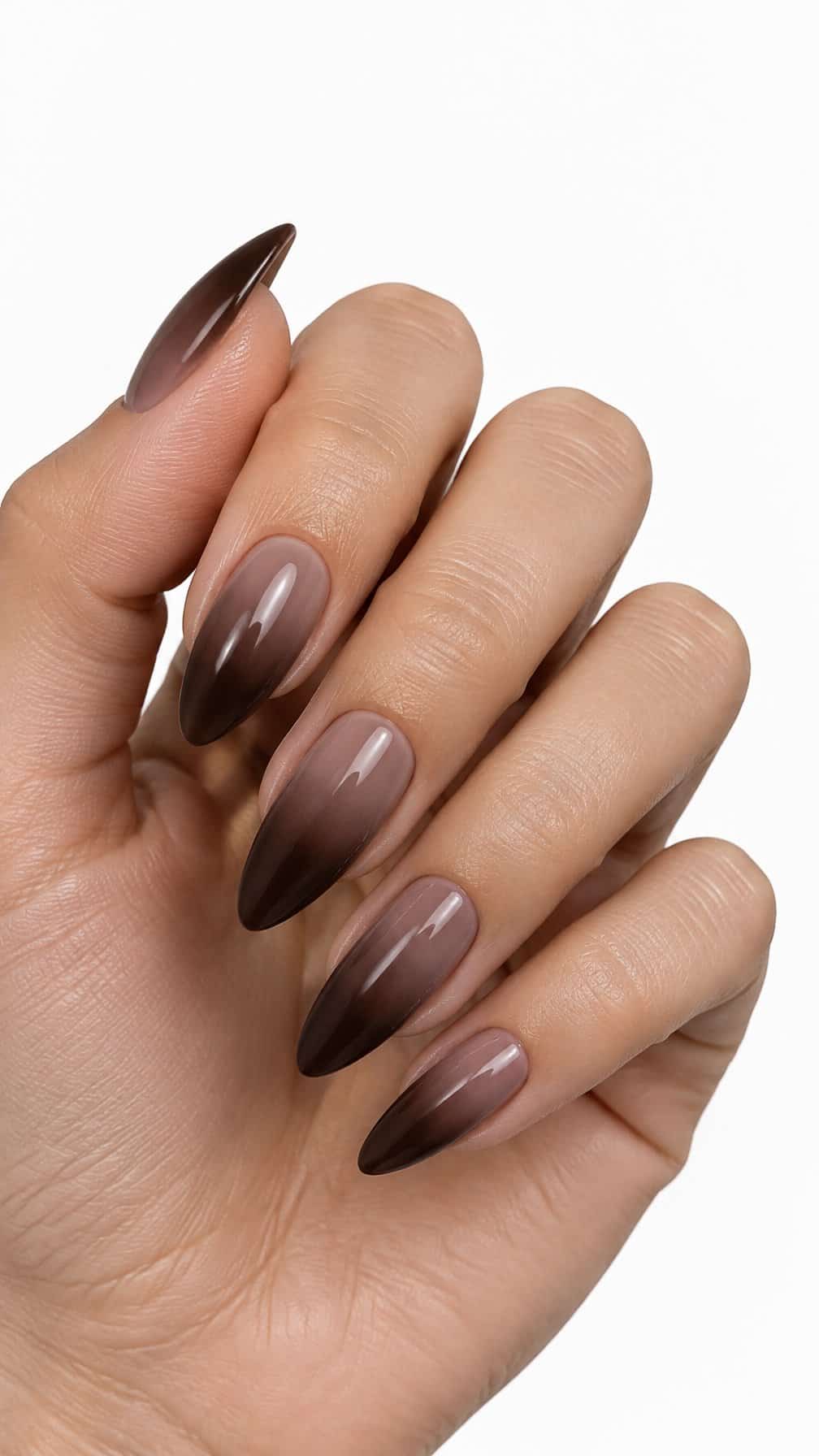 Almond-shaped nails with a smooth mauve brown to espresso brown gradient