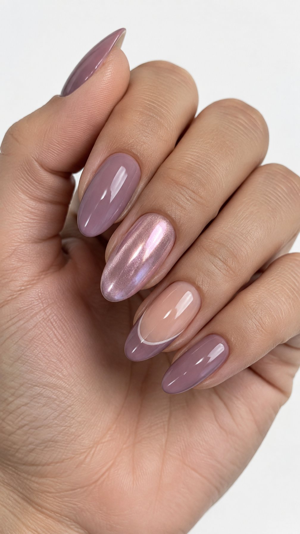 Glossy mauve manicure and pearlescent accent nails