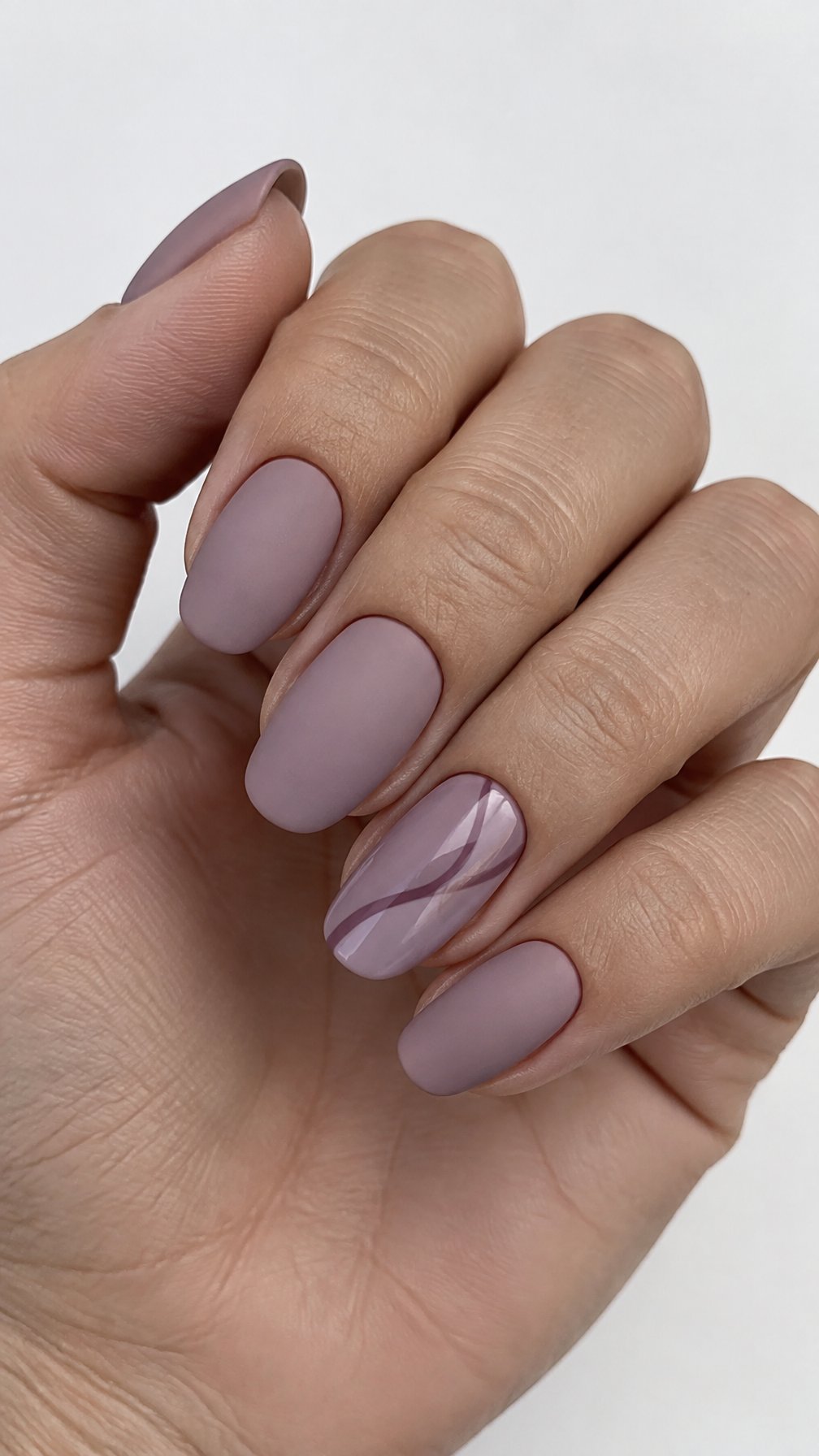 A mauve manicure with mostly matte nails and one glossy accent nail