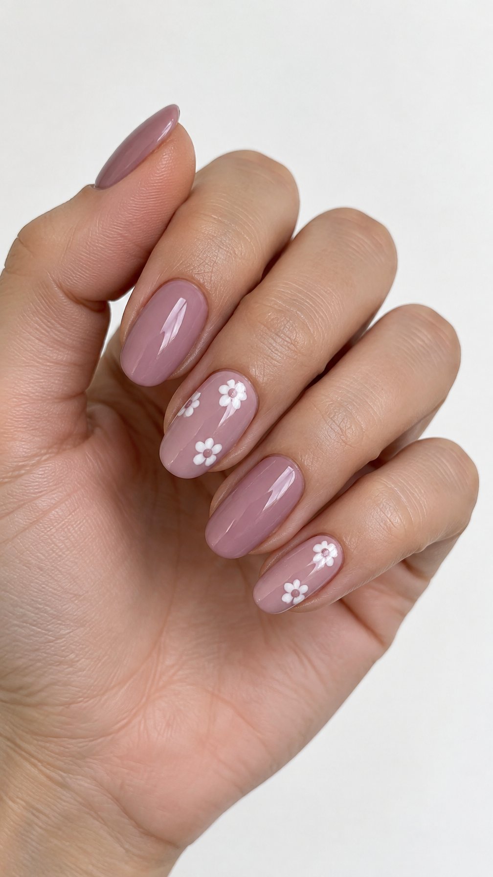 Glossy mauve pink nails, including small white flowers on several nails, shown