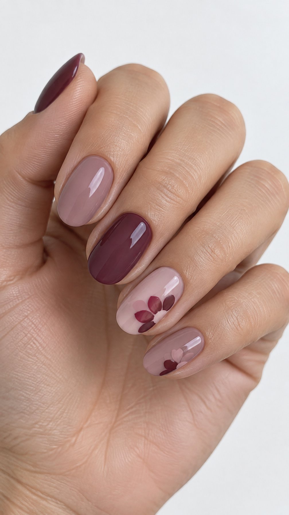Glossy mauve nails with simple wine-colored petal designs
