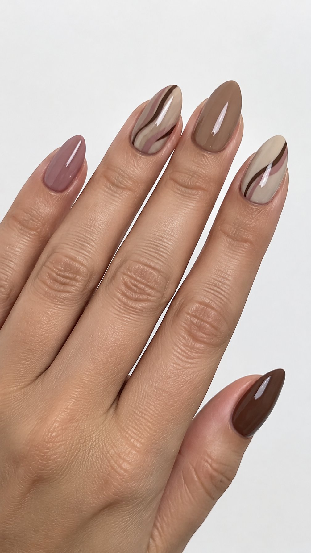 Glossy cocoa, mauve, and taupe swirl gel nails