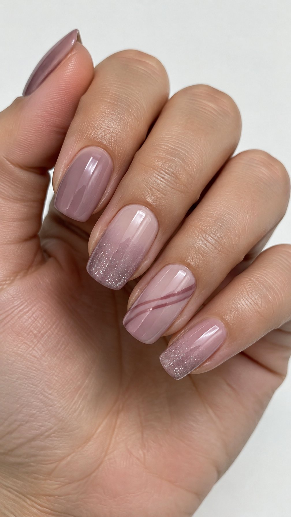 Glossy soft mauve ombré gel nails and subtle glitter accents