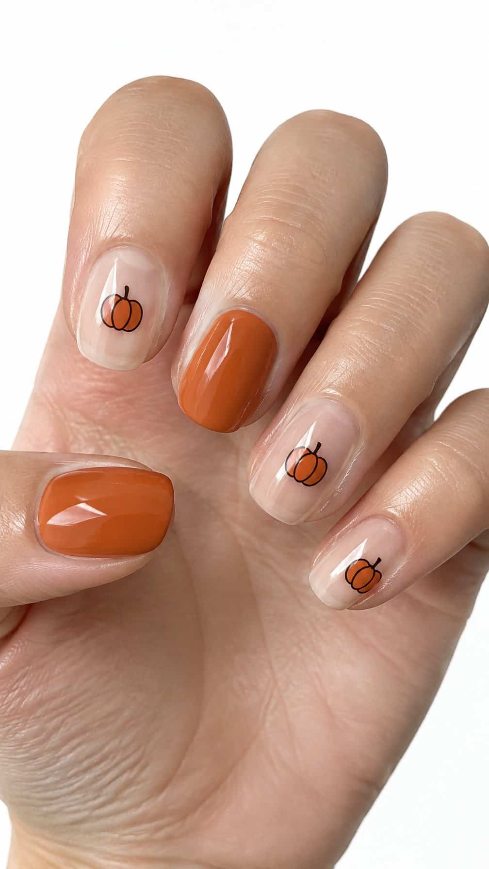 Glossy clear and orange gel nails featuring small minimalist pumpkin designs