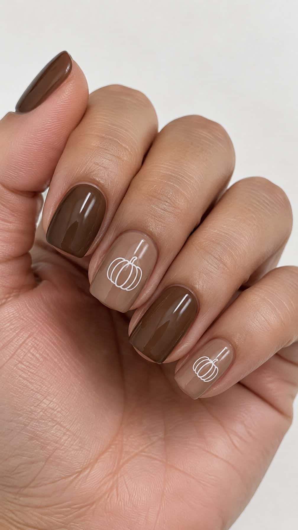 Glossy mocha-brown nails and simple white pumpkin outlines on a few accent nails